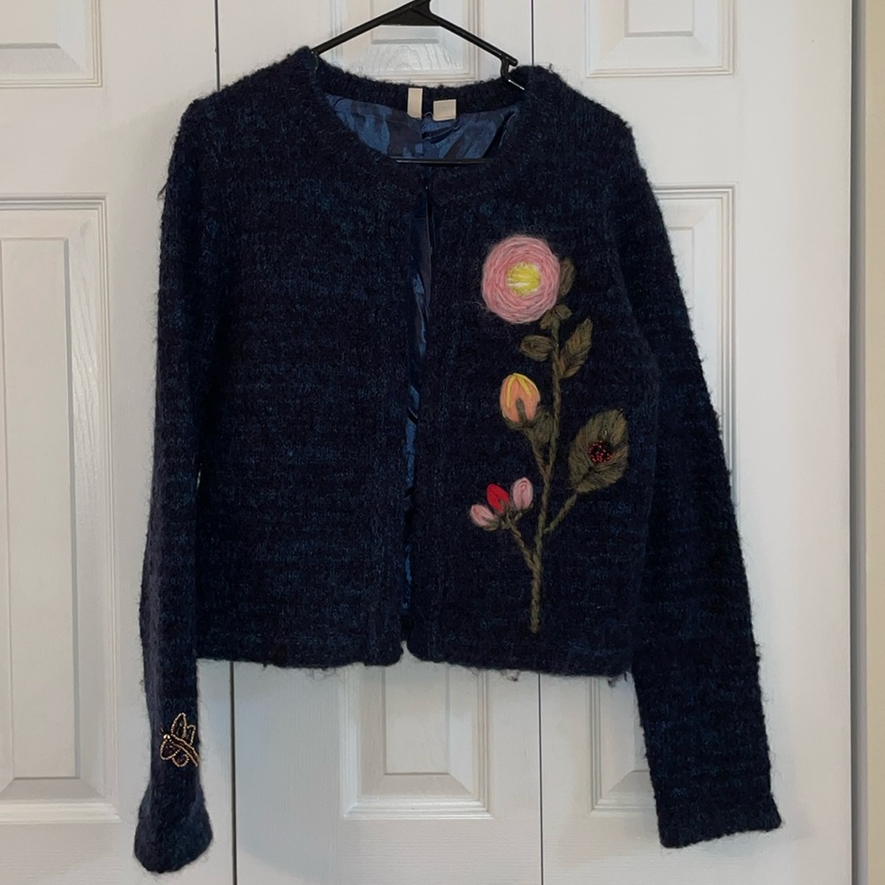 Moth by Anthropologie Kid Mohair Blend Navy floral embroidered cardigan